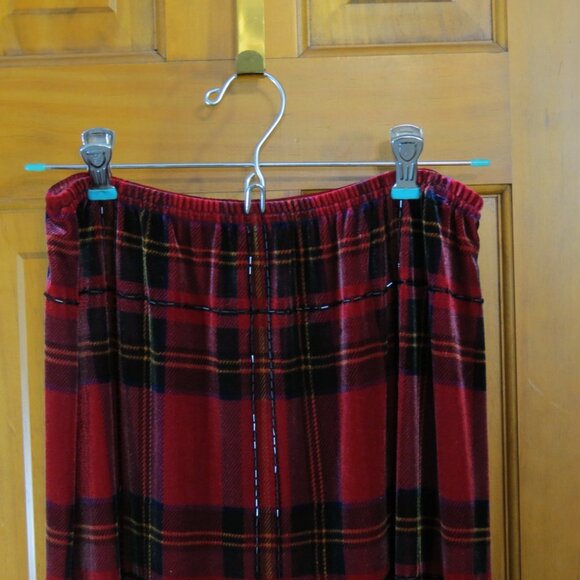 Ronnie Nicole Red & Black Plaid Skirt Midi Velvet Beading Fringe Size Medium - Picture 2 of 9